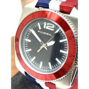 Fossil Men's Watch WB1042 Quartz Black Dial 38mm Red Blue White Nylon Strap